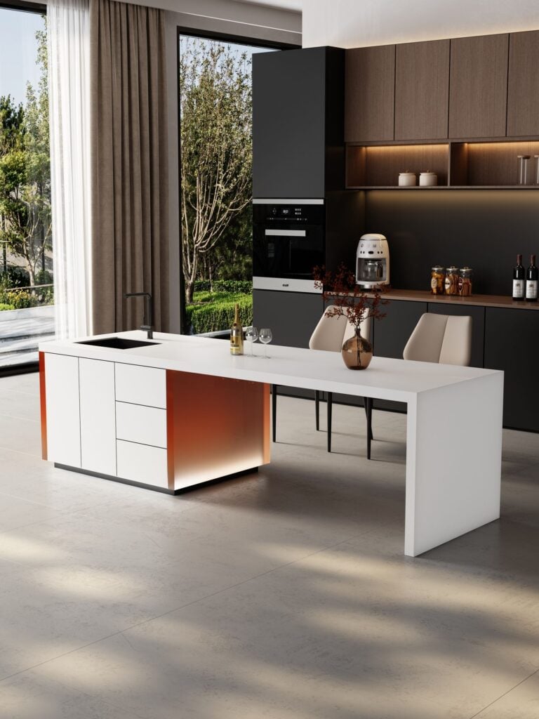Modern kitchen with a white island, wood cabinetry and natural light